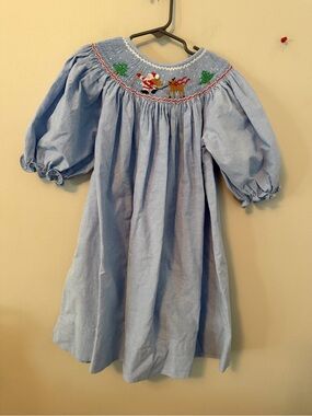 Sweet Dreams Blue Smocked Santa and Reindeer Dress